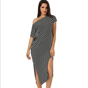 Asymmetrical off-the-shoulder striped maxi dress